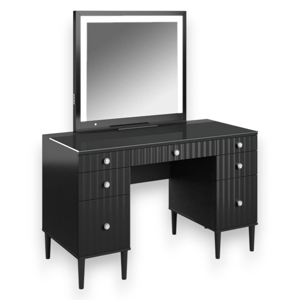 Modern black vanity dresser with six drawers, crystal knobs, tall legs, and a large LED-lit mirror