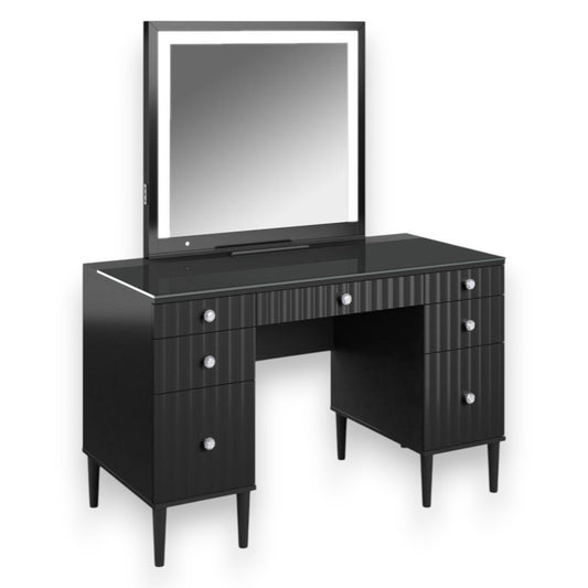 Modern black vanity dresser with six drawers, crystal knobs, tall legs, and a large LED-lit mirror