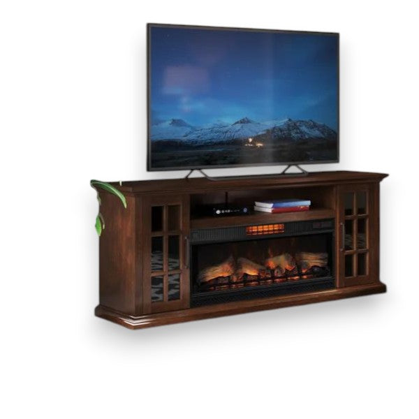 Wooden TV stand with glass cabinet doors and built-in electric fireplace below a mounted flat screen TV