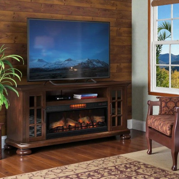 Cozy living room with wooden TV stand featuring electric fireplace, flat-screen TV, armchair, and window view