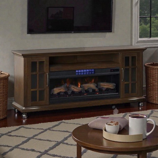Wooden electric fireplace TV stand with glass cabinets and glowing fire logs in cozy living room