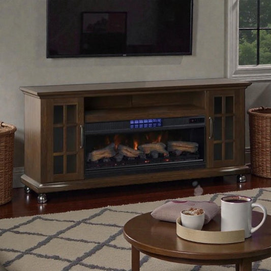 Wooden electric fireplace TV stand with glass cabinets and glowing fire logs in cozy living room