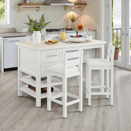 white kitchen island set with two chairs and breakfast items in modern bright kitchen