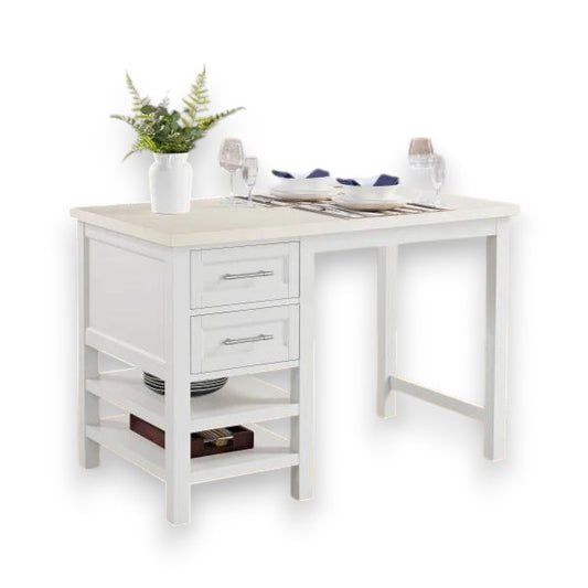 White wooden kitchen island with drawers, open shelves with dishes, and decorative plant on top