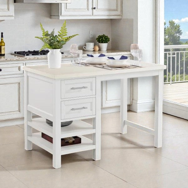 White kitchen island with drawers, shelves, and dining setup in a modern bright kitchen