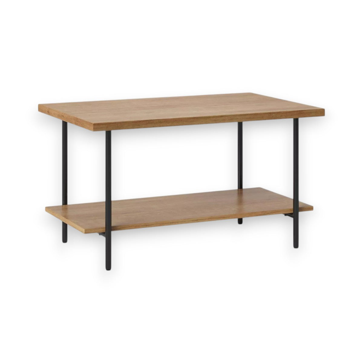 Modern rectangular wooden coffee table with black metal legs and lower shelf