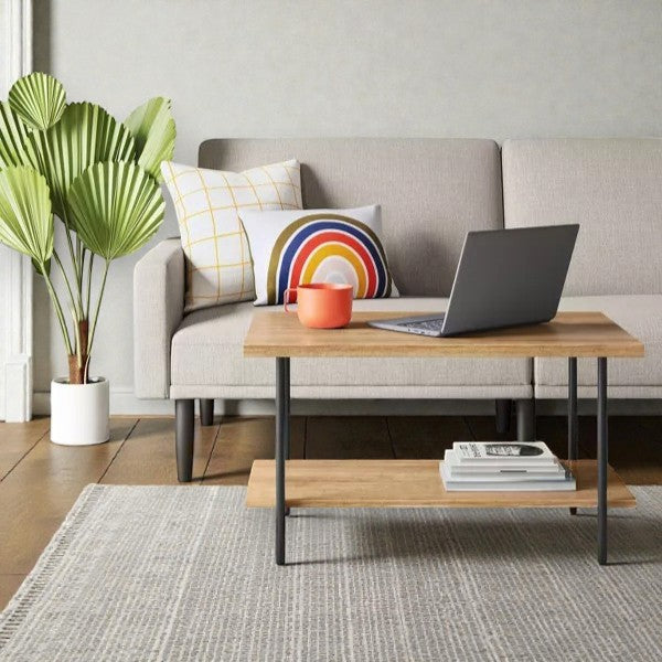 Modern living room with beige sofa, colorful rainbow pillow, wooden coffee table with laptop and orange mug, large green plant
