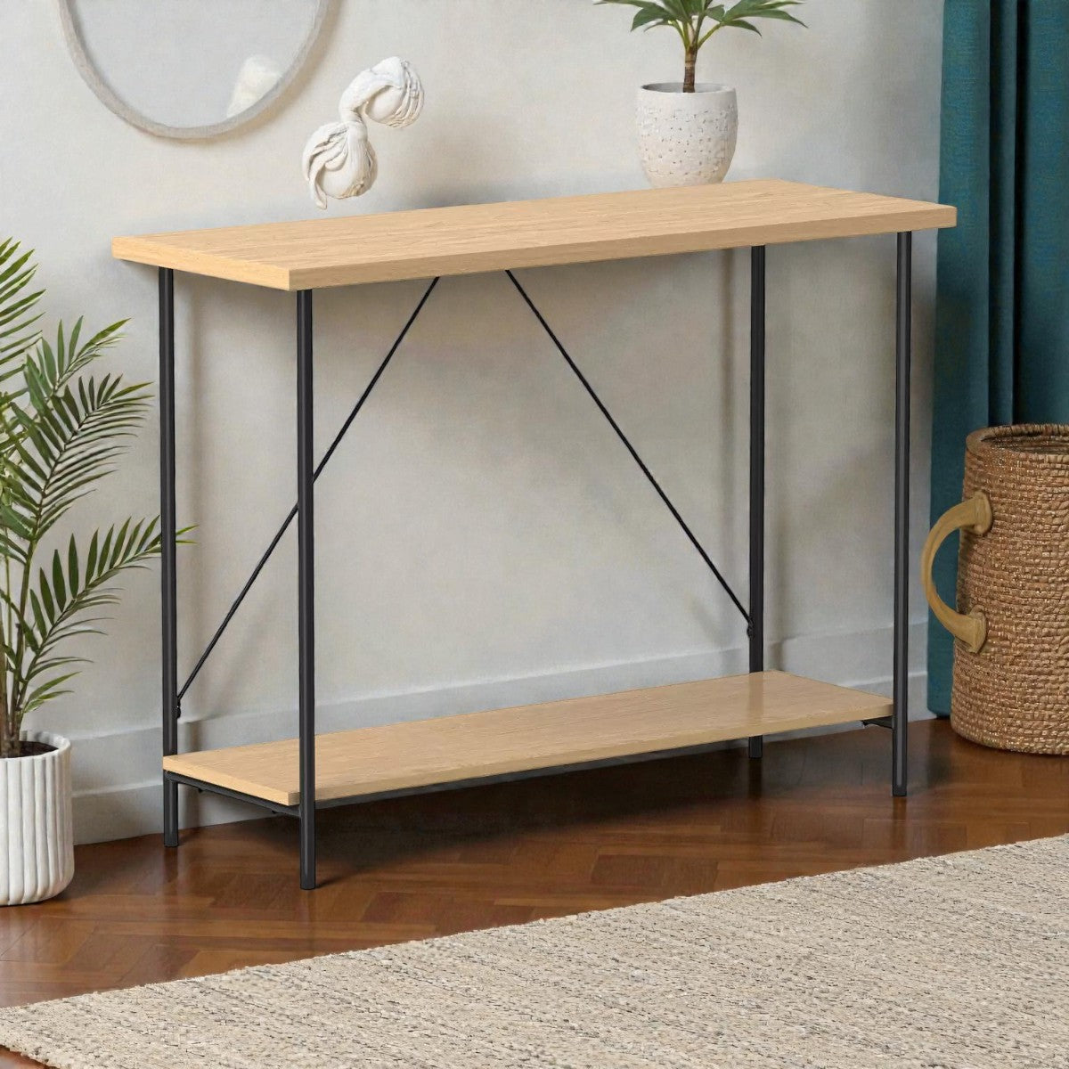 Modern console table with light wood shelves and black metal frame in stylish living room