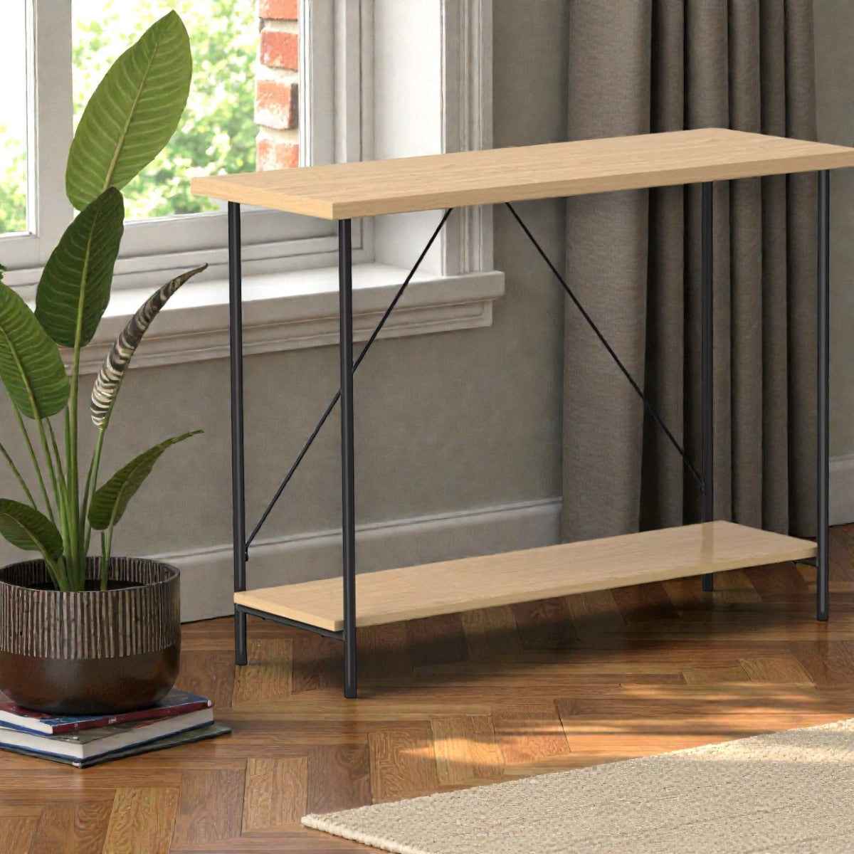 Modern wooden shelf with black metal frame in a sunlit room near window and potted plant