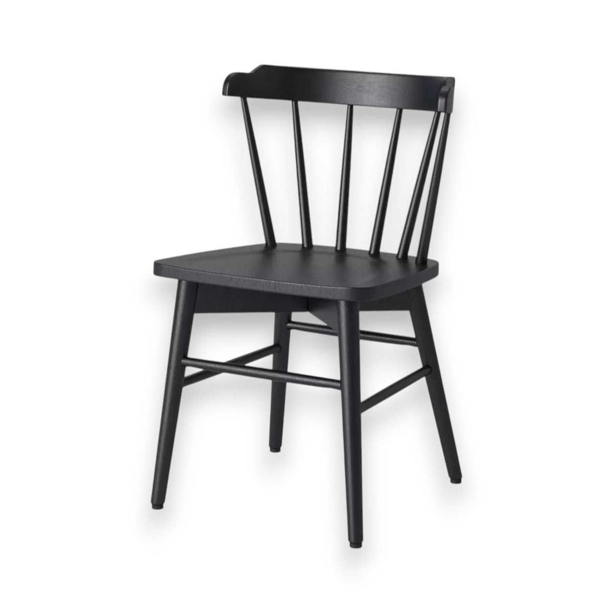 Black wooden vintage-style chair with vertical slats and angled legs on white background