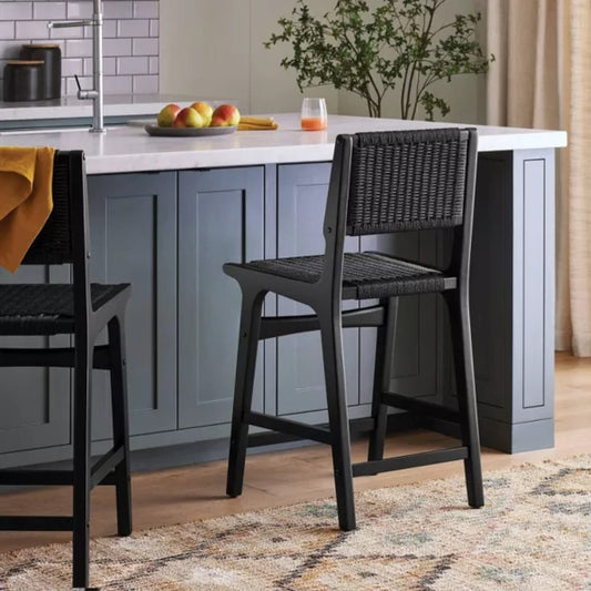 Ceylon Woven Counter Height Barstool Black - Threshold: Rubberwood Frame, Metal Hardware, Fixed 24" Seat Height