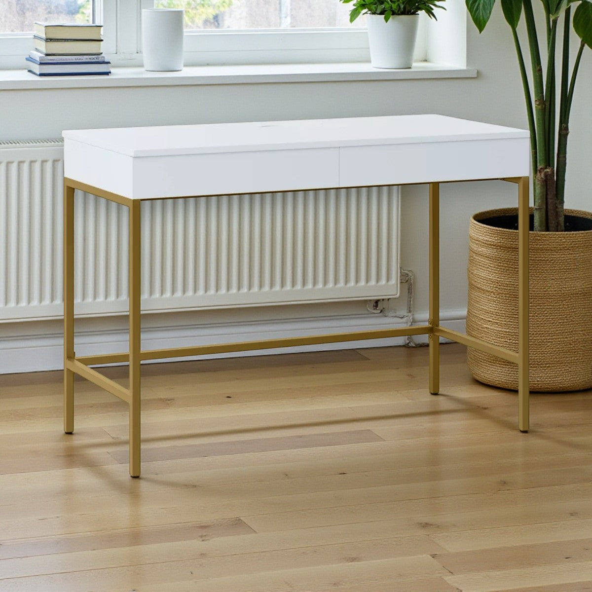 Loring Wood Writing Desk with Drawers and Charging Station White/Gold - Threshold: Home Office, USB Port - Yalz Store