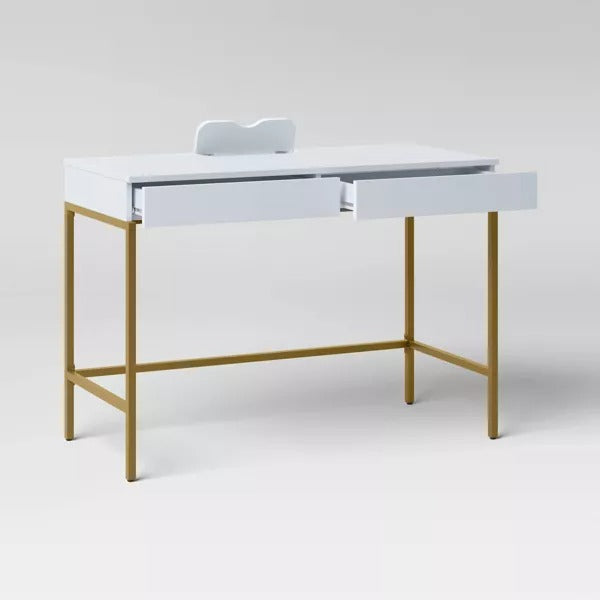 Loring Wood Writing Desk with Drawers and Charging Station White/Gold - Threshold: Home Office, USB Port