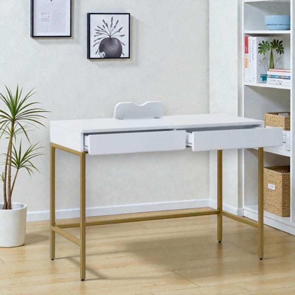 Loring Wood Writing Desk with Drawers and Charging Station White/Gold - Threshold: Home Office, USB Port - Yalz Store