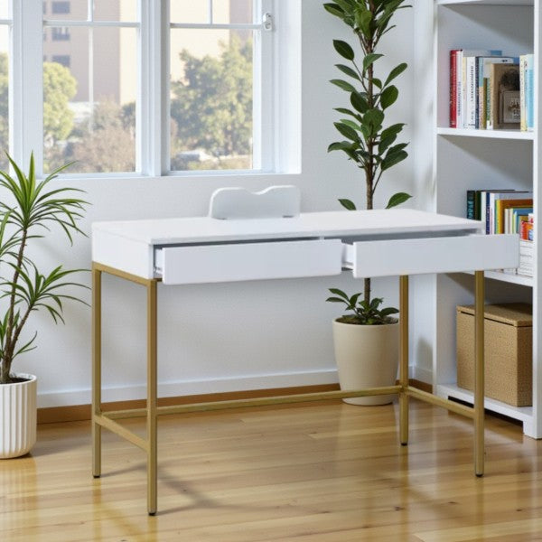 Loring Wood Writing Desk with Drawers and Charging Station White/Gold - Threshold: Home Office, USB Port - Yalz Store