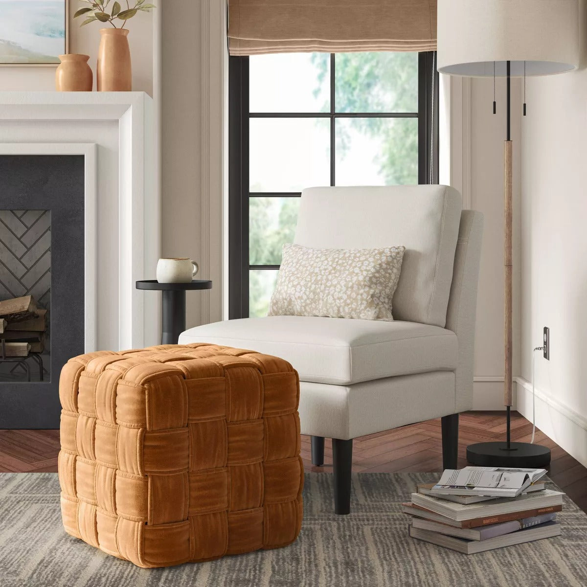 Square Woven Pouf Ottoman Gold Velvet - Threshold: Upholstered Cube, No Assembly Required