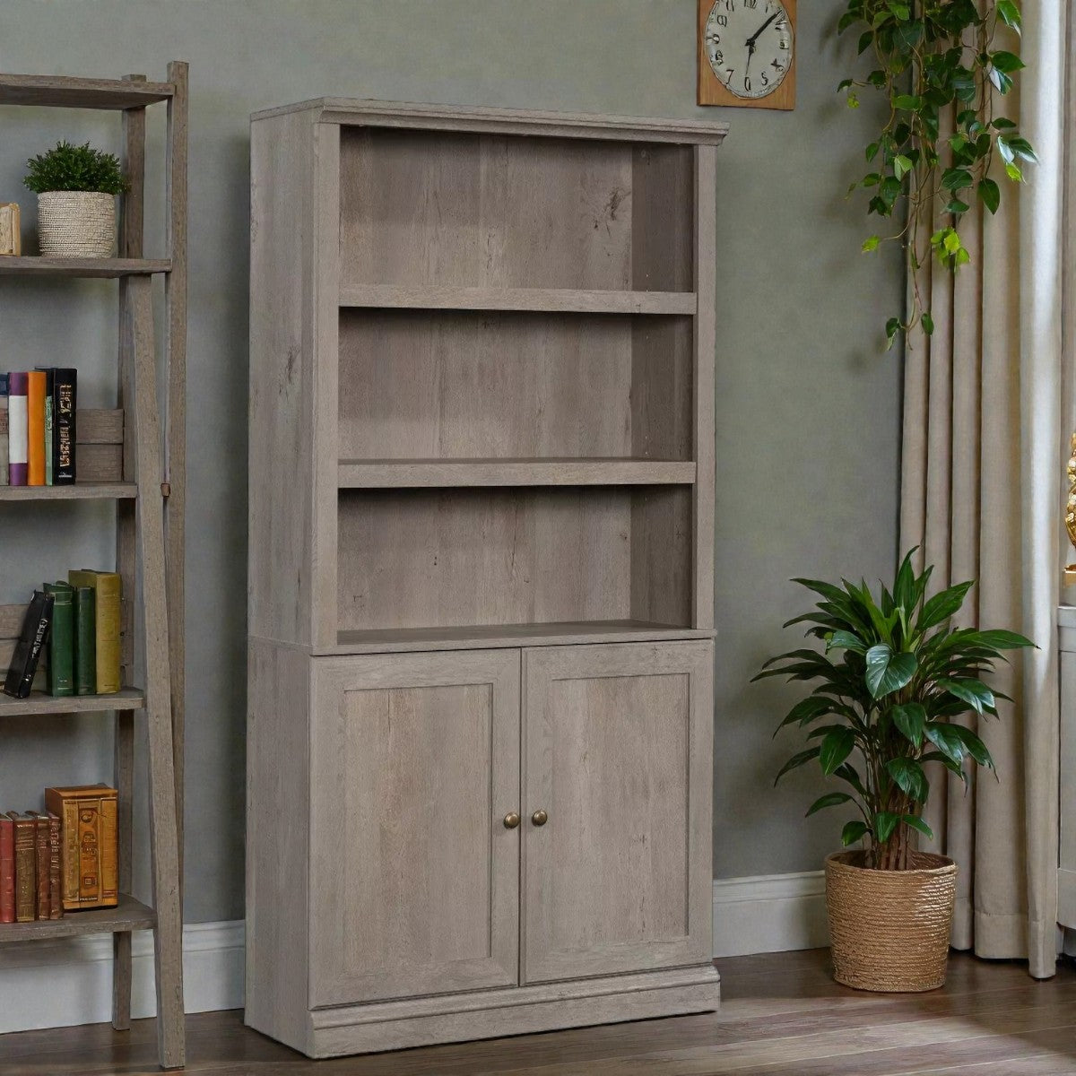 Sauder 70" 5 Shelf Bookcase with Doors Mystic Brown: Mid-Century Modern, MDF Frame, Vertical Storage - Yalz Store