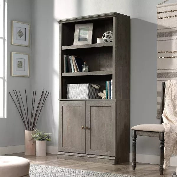 Sauder 70" 5 Shelf Bookcase with Doors Mystic Brown: Mid-Century Modern, MDF Frame, Vertical Storage