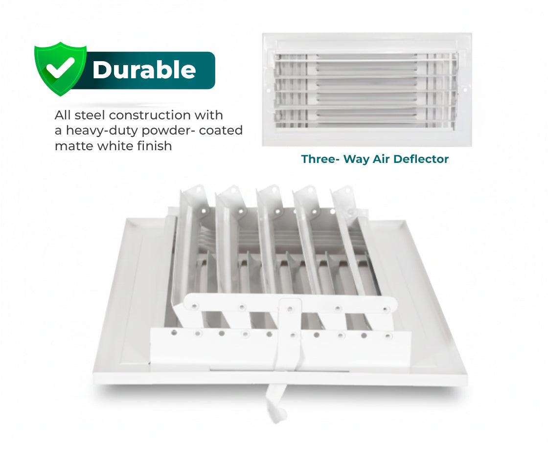 Air Vent Cover 12 x 6 Inch – Three-Way HVAC Register for Wall or Ceiling, Steel Construction, White - Yalz Store