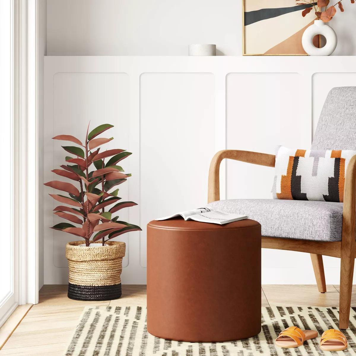 Bodrum Round Upholstered Ottoman Caramel Faux Leather - Threshold Padded, No Assembly Required