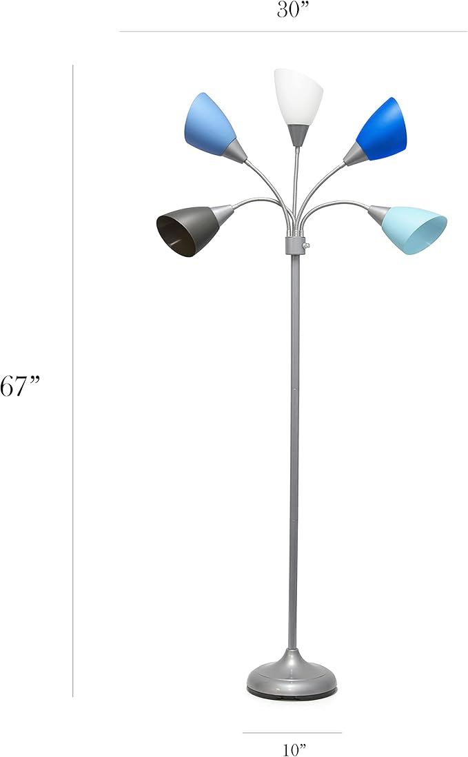 Simple Designs LF2006-SDM 67" Contemporary Multi Head Medusa 5 Light Adjustable Gooseneck Silver Floor Lamp with Primary Dark Multicolored Shades for Kids Bedroom Playroom Living Room Office
