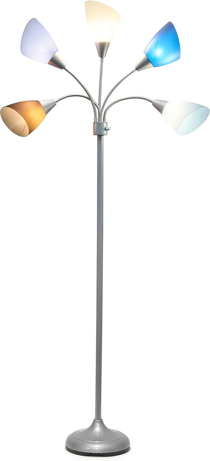 Simple Designs LF2006-SDM 67" Contemporary Multi Head Medusa 5 Light Adjustable Gooseneck Silver Floor Lamp with Primary Dark Multicolored Shades for Kids Bedroom Playroom Living Room Office