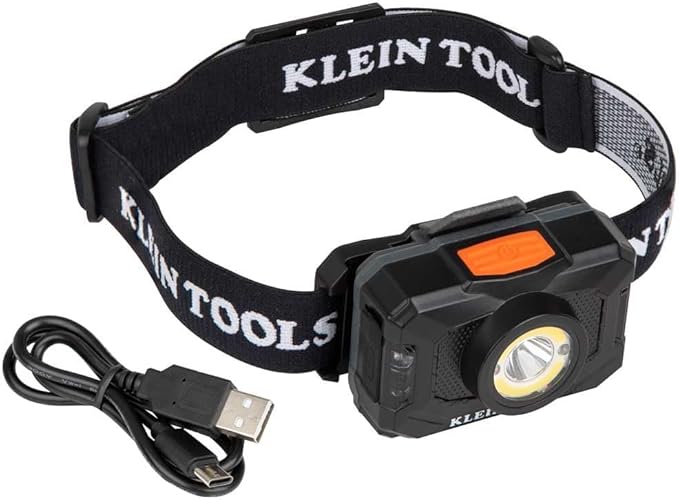 Klein Tools 56414 Rechargeable 2-Color LED Headlamp, Fabric Strap, Spotlight, Floodlight, Red LED, 800 Lumens, USB Cable, Camping, Running