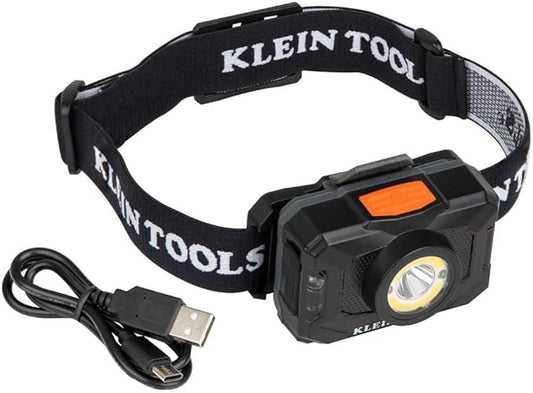 Klein Tools 56414 Rechargeable 2-Color LED Headlamp, Fabric Strap, Spotlight, Floodlight, Red LED, 800 Lumens, USB Cable, Camping, Running