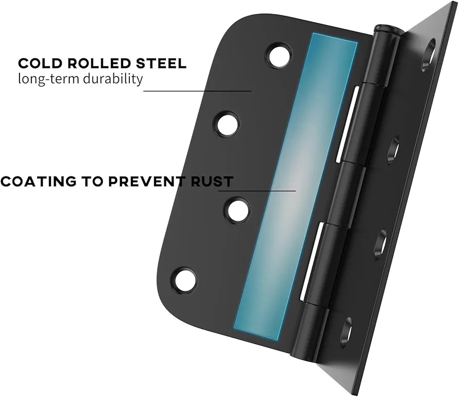 4-Inch Black Interior Door Hinges – 24 Pack, Matte Black Iron, Square & Round Corners