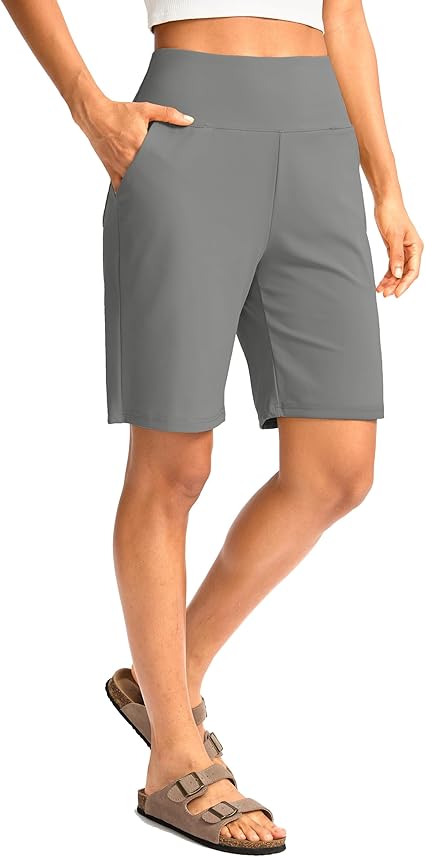 Women's Bermuda Long Shorts with Pockets High Waisted Knee Length Shorts for Women Walking Athletic Workout(Light Grey,XXL)