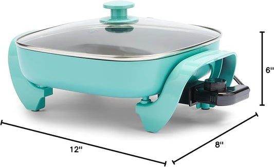 GreenLife 12" 5QT Square Electric Skillet, Glass Vented Lid, Ceramic PFAS-Free Nonstick Coated Interior, Adjustable Temperature Control, Cool Touch Handles, Quick Even Heating, Scratch Resistant, Blue