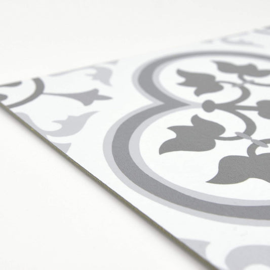 Decorative Peel and Stick Vinyl Floor Tiles - Moroccan Encaustic Pattern - Water Resistant Self-Adhesive Tiles for Bathroom, Kitchen, Laundry Room - 10 Pack Grey & White (10 sq ft)