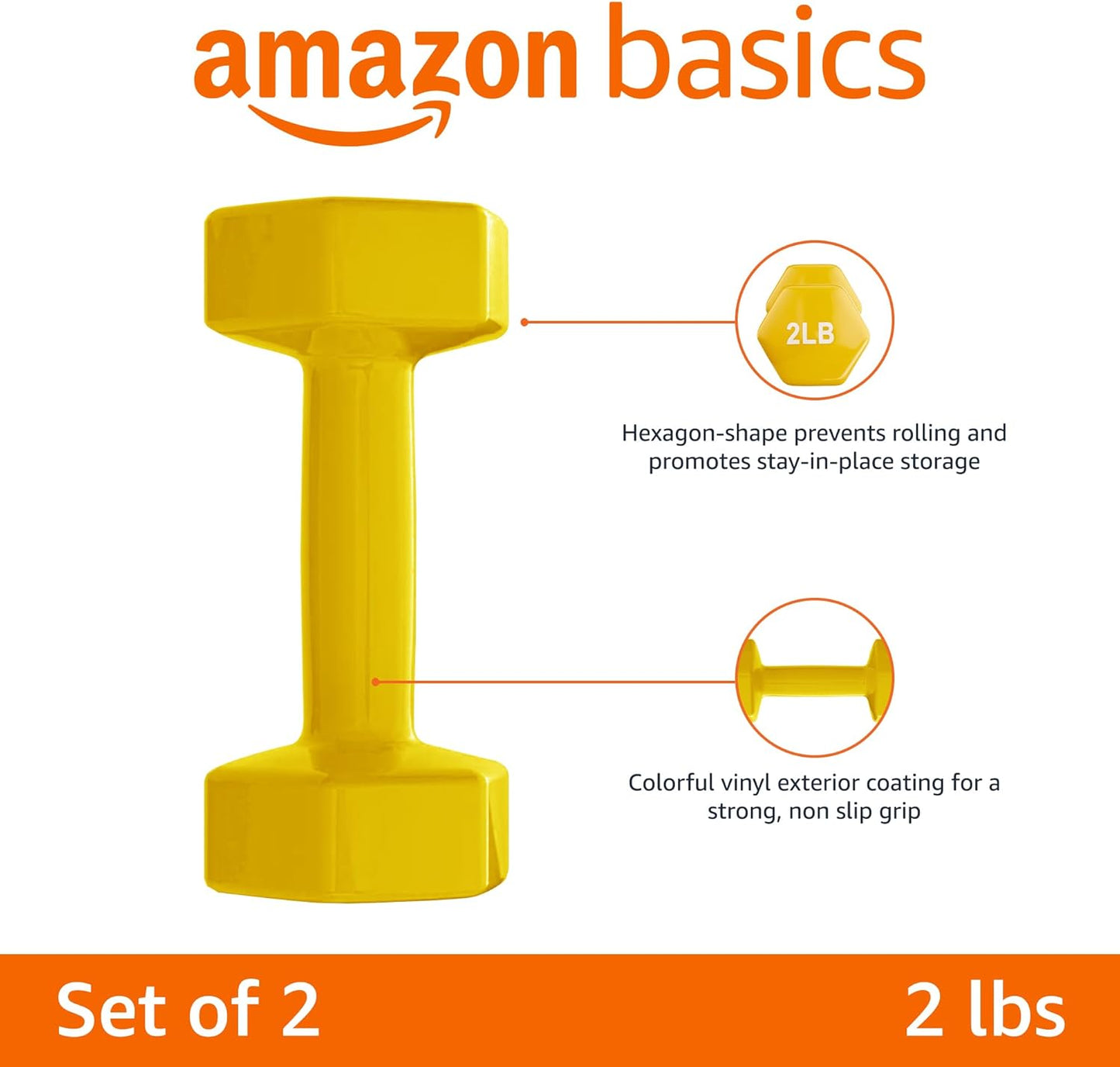 Amazon Basics Vinyl Coated Dumbbell Hand Weights, 2 Pounds, Pair, Yellow