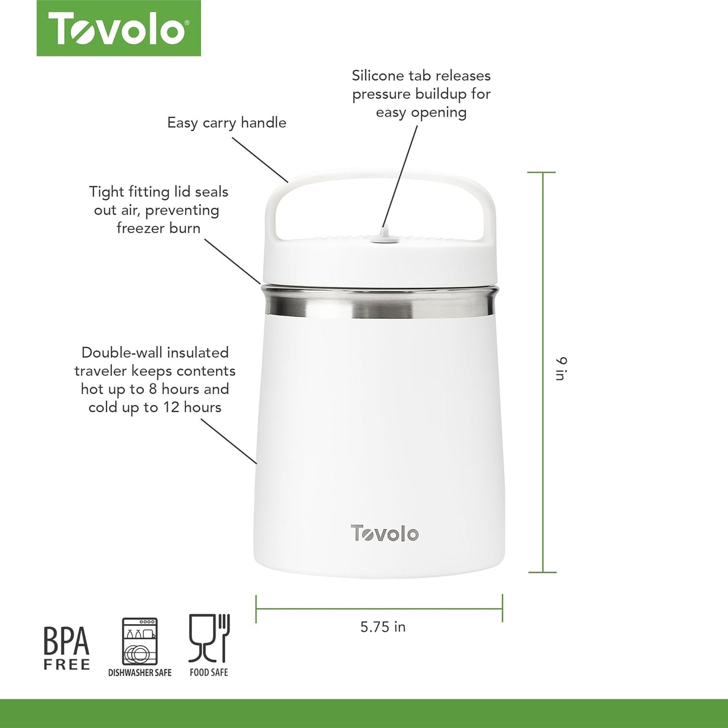 Tovolo 2 Quart Stainless Steel Traveler, Double-Wall Vacuum-Insulated Food Container, 2 Qt. Food Storage & Ice Cream Container, Easy-Carry Handle, Travel Mug for Hot Food & Cold Ice Cream, White