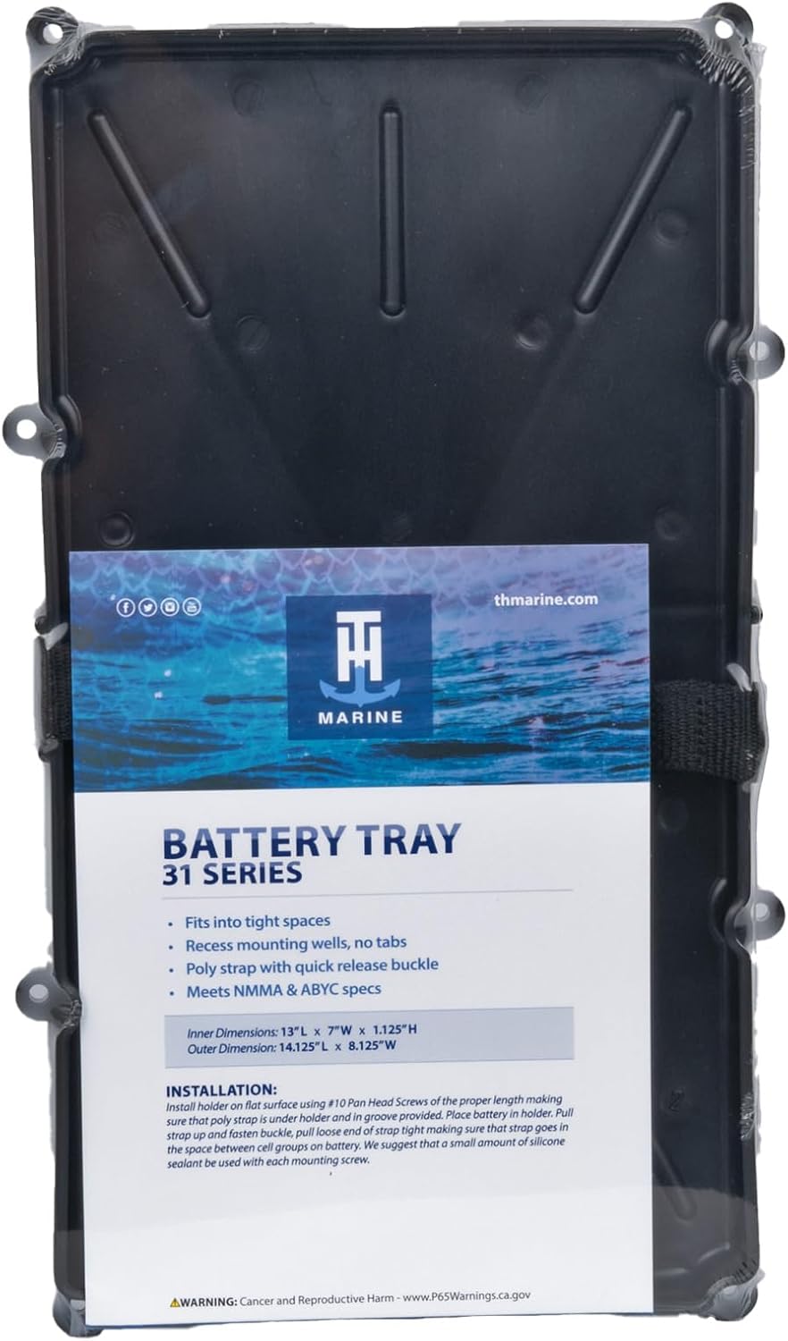 T-H Marine Narrow Battery Tray Holder - Space Saving Battery Storage Solution for Group 29 & 31 - NMMA Certified with Poly Strap & Quick Release Buckle - Ideal for Boats & RVs
