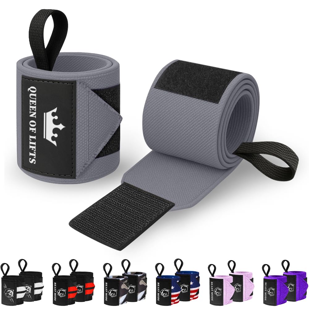 TECEUM Weightlifting Wrist Wraps with Thumb Loop â€“ Gray â€“ Queen of Lifts â€“ 18 inch â€“ Heavy-Duty Workout Wrist Support & Protection â€“ Ideal for Powerlifting, Strength Training, Bodybuilding