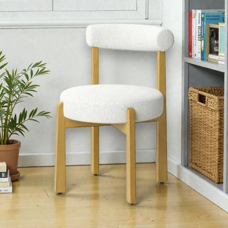 Sculptural Cream Boucle Dining Chair with Wooden Frame – Modern Curved Back - Yalz Store