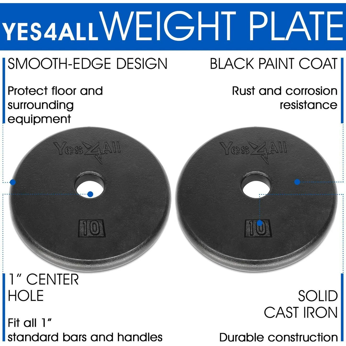 Yes4All 1-inch Cast Iron Weight Plates for Dumbbells â€“ Standard Weight Disc Plates (10 lbs, Single)