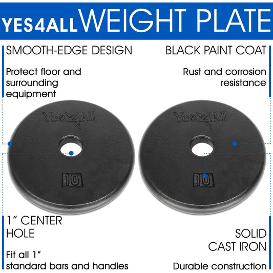 Yes4All 1-inch Cast Iron Weight Plates for Dumbbells â€“ Standard Weight Disc Plates (10 lbs, Single)