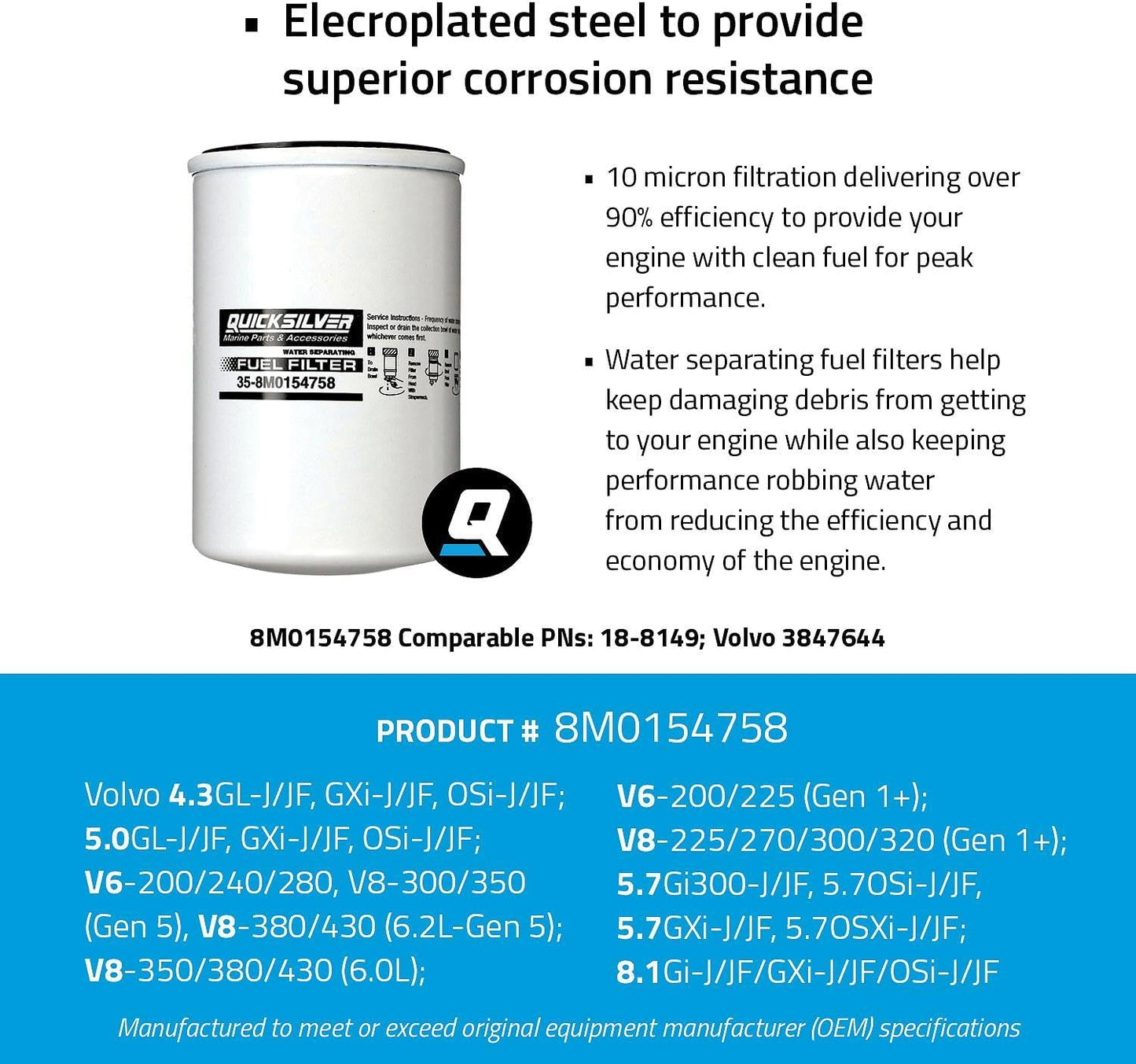 Quicksilver 8M0154758 Water Separating Fuel Filter for Various Marine Engines