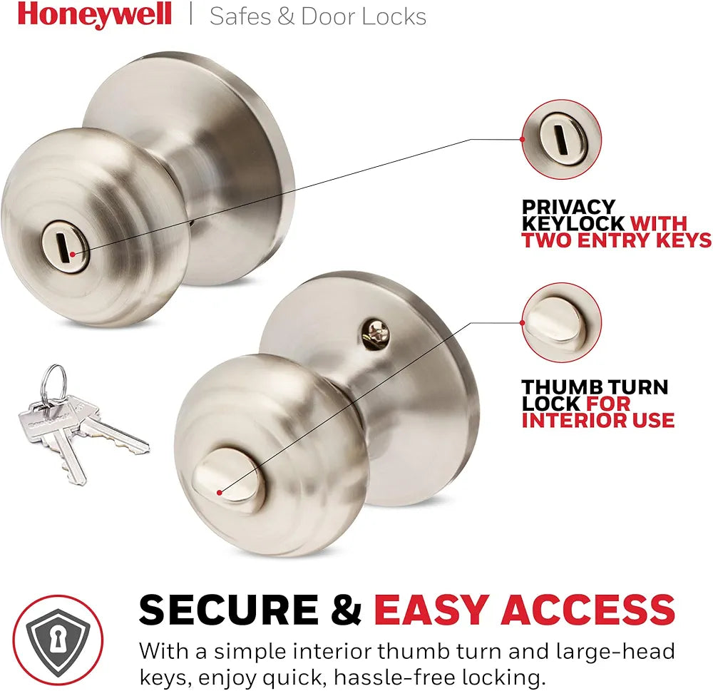 Satin Nickel Interior Door Knob with Lock & Key – Bedroom and Privacy Door Handle