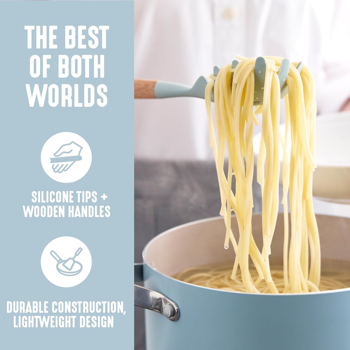 GreenLife 11 Piece Silicone Utensil Crock Set, Nonstick Kitchen Tools, Safe to 392Â°F, Ladle, Turner, Slotted Turner, Spatula, Spoon, Spaghetti Server, Basting Brush, Whisk, Tongs, Crock, Blue Haze