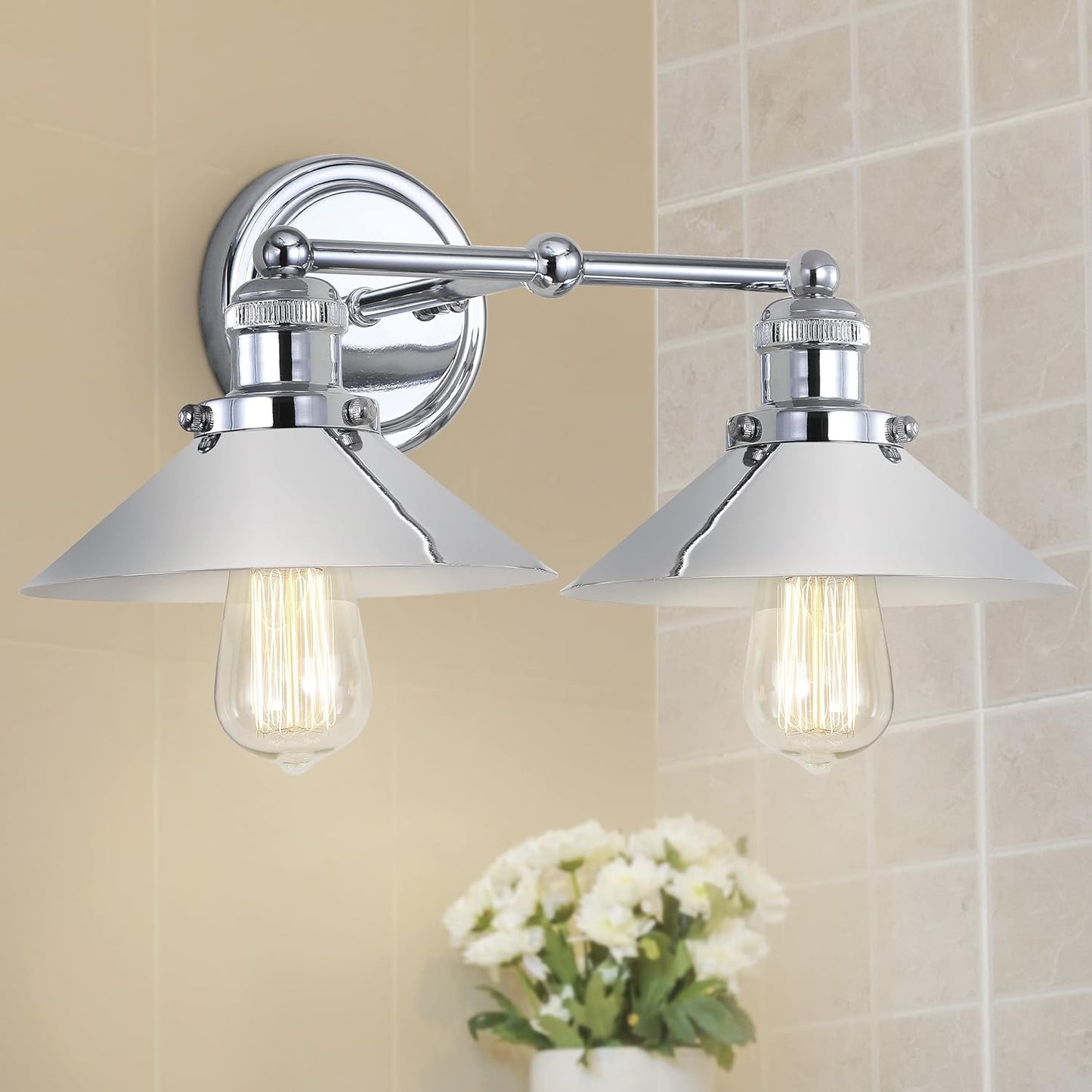 JONATHAN Y JYL7424A June 17.5" 2-Light Metal Shade Farmhouse Sconce Contemporary Transitional 2200K Edison 25W Bulbs Included for Bedroom Living Room Bathroom, Vanity Lighting, Chrome