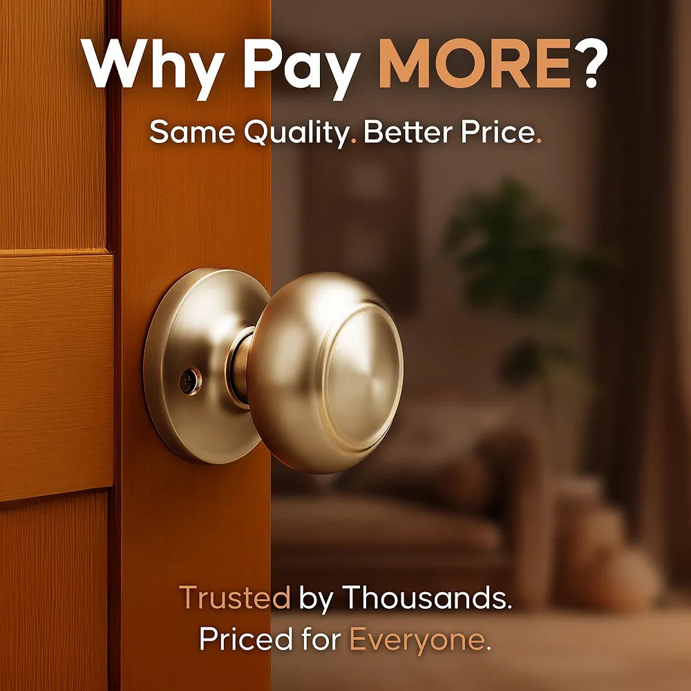 Interior Passage Door Knob, Non-Locking Reversible Handle, Polished Brass Finish