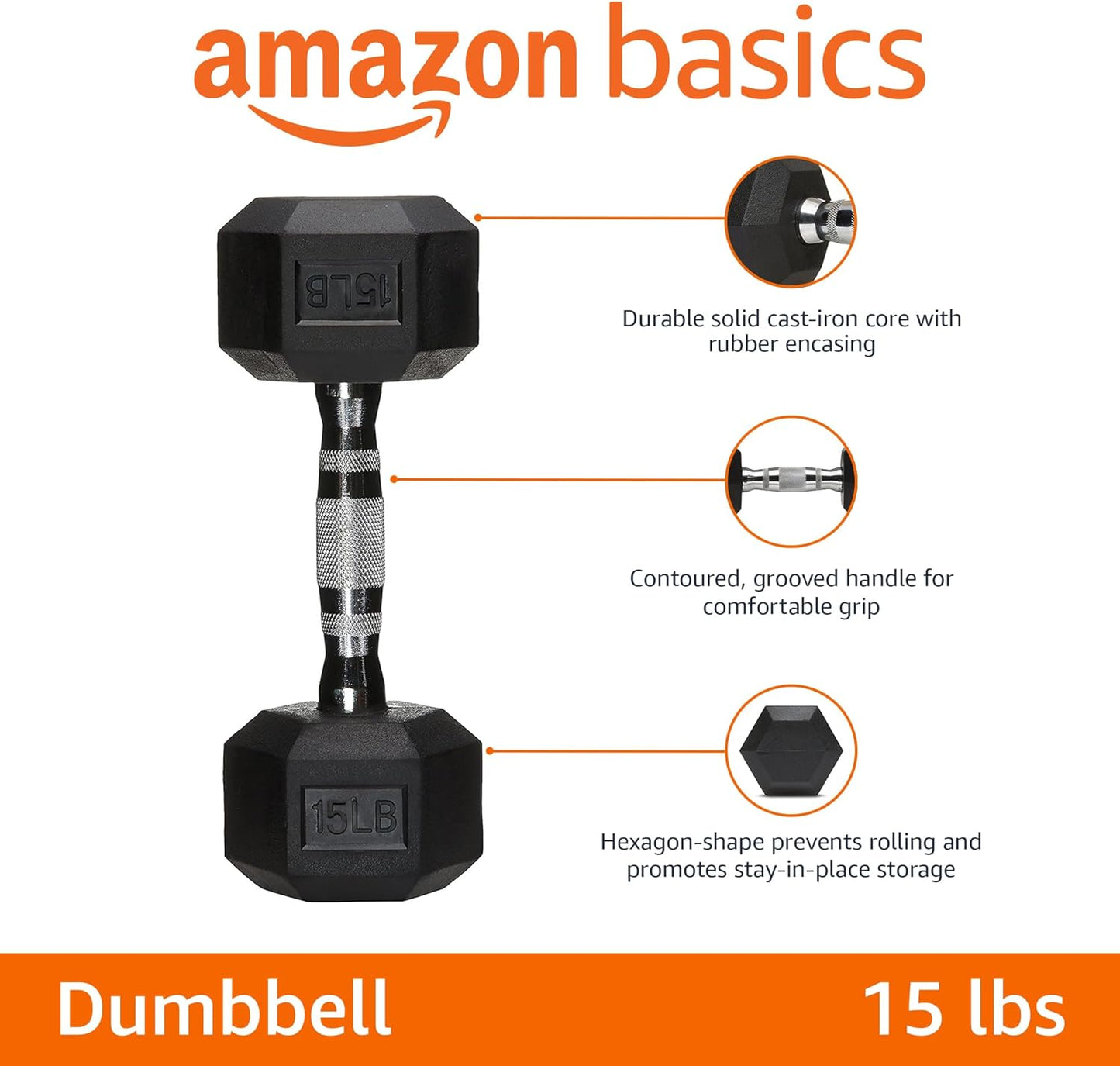 Amazon Basics Rubber Hex Dumbbell Hand Weight, 15 Pounds, Single
