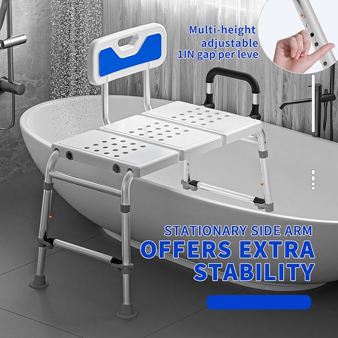 Tub Transfer Bench and Shower Chair with Non Slip Aluminum Body, FSA Eligible, Adjustable Seat Height and Cut Out Access, Holds Weight up to 500 Lbs