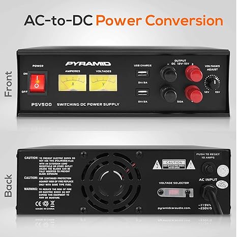 Pyramid PSV500 Universal Compact 50 Amp Adjustable 12 to 15 Volts Output Home Bench Power Converter Supply, with 2 USB Ports and Overload Protection