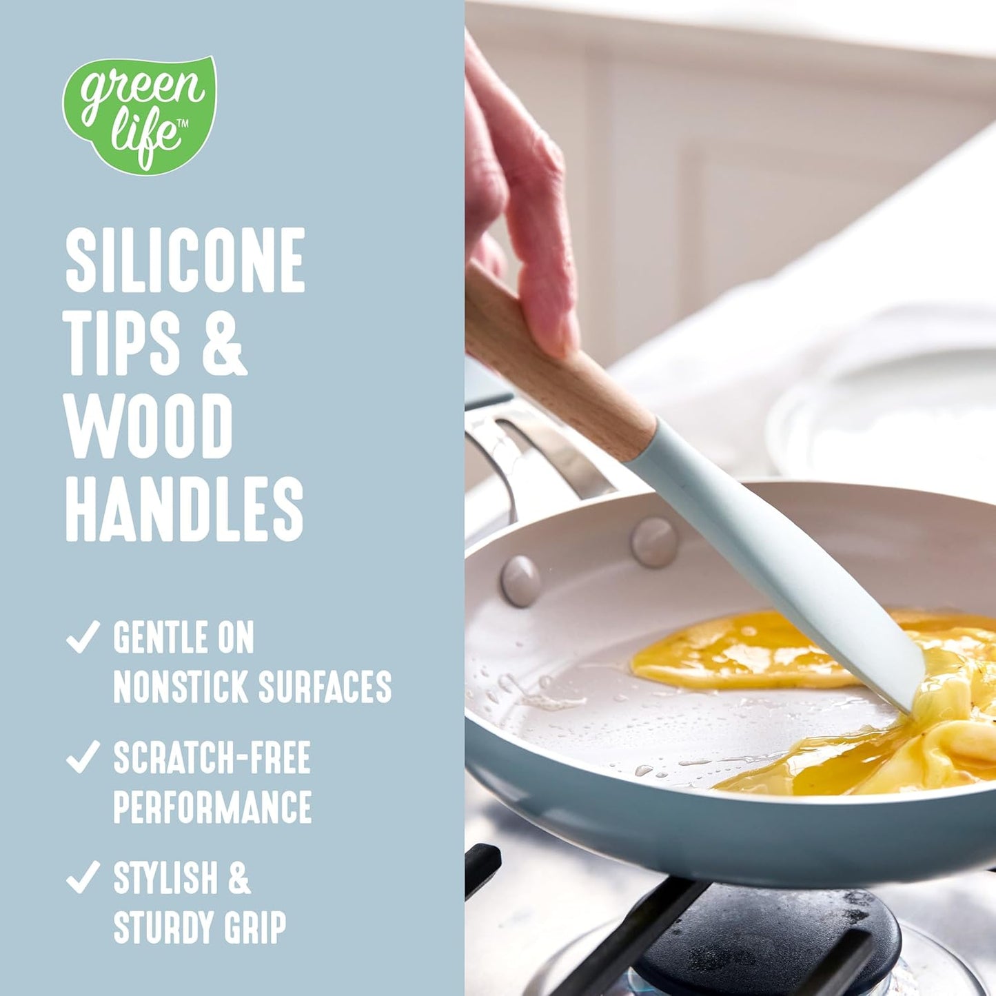 GreenLife 11 Piece Silicone Utensil Crock Set, Nonstick Kitchen Tools, Safe to 392Â°F, Ladle, Turner, Slotted Turner, Spatula, Spoon, Spaghetti Server, Basting Brush, Whisk, Tongs, Crock, Blue Haze