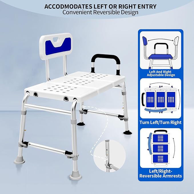 Tub Transfer Bench and Shower Chair with Non Slip Aluminum Body, FSA Eligible, Adjustable Seat Height and Cut Out Access, Holds Weight up to 500 Lbs