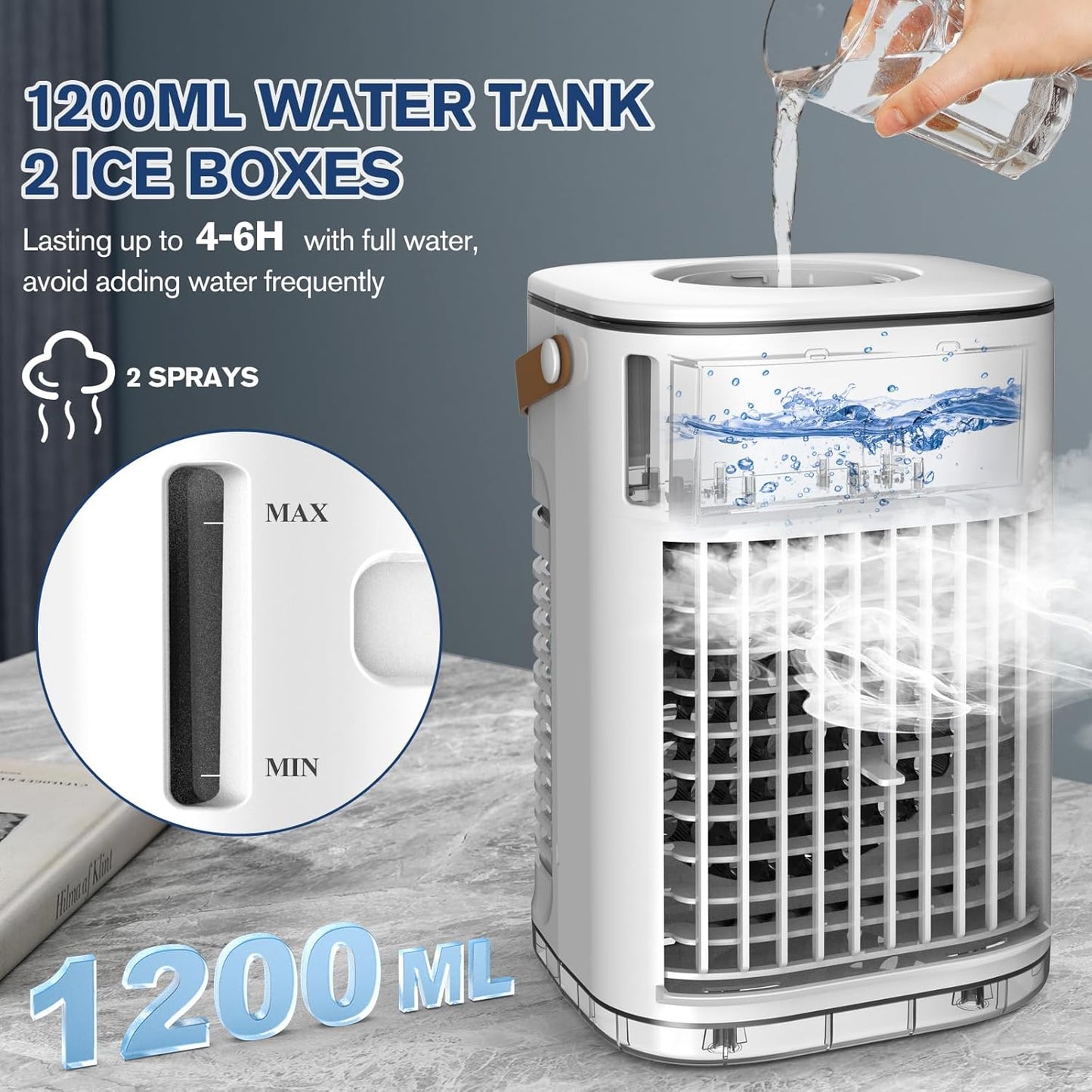 Mini Air Conditioner, Portable Air Conditioners w/Remote, 1.2L Water Tank & 2 Ice Boxes, Auto-off Timer, 5400mAh Built-in Battery, Evaporative Air Cooler With 3Speeds, Desktop Fan For HomeOutdoors